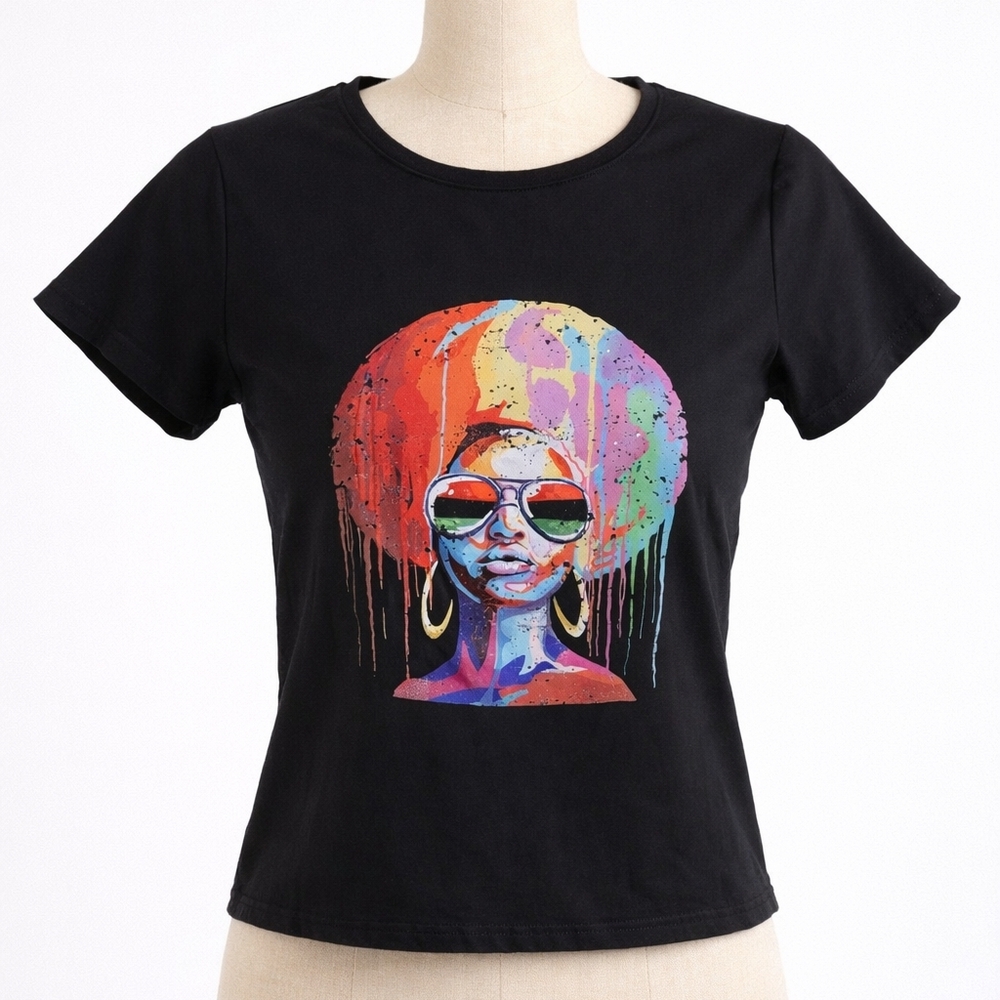 Graphic T-Shirt Afro Art Print Black Short Sleeve Size M